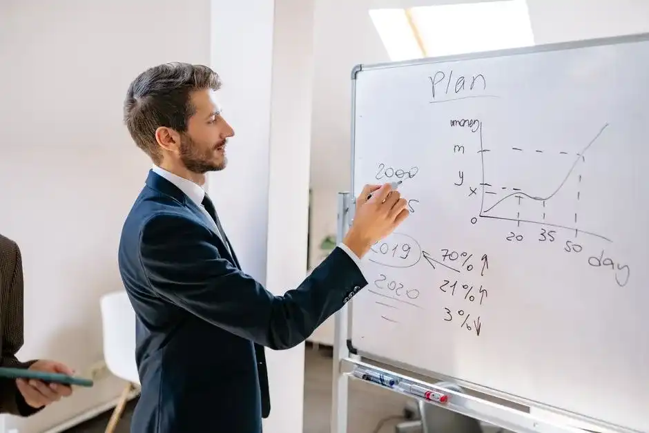 Post-its e diagramas de planejamento de marketing em um quadro branco