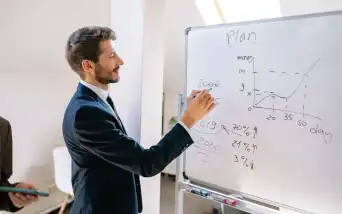 Post-its e diagramas de planejamento de marketing em um quadro branco